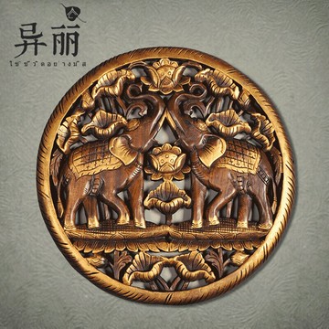 異麗東南亞柚木雕花板壁飾客廳沙發電視背景墻掛飾門廳實木裝飾