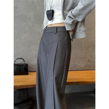 灰色天絲羊毛西裝闊腿褲女春秋季高腰垂感休閑褲高級感職業直筒褲