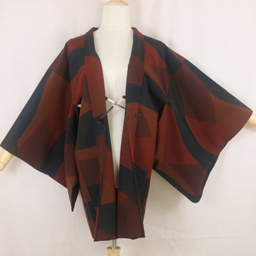 古著羽織和服外套 | 酒紅×黑色大膽幾何圖案 | 短版和服外罩
