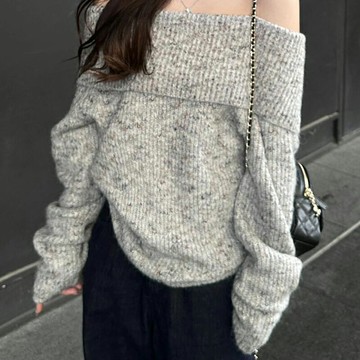 【米蘭精品】現貨+預購 法式長袖針織衫法式長袖針織衫上衣毛衣寬鬆大碼百搭女裝慵懶一字領露肩灰色74mx11
