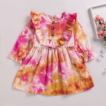 女童新款3歲歐美秋季新秋款時尚休閑純色長袖小童粉色連衣裙