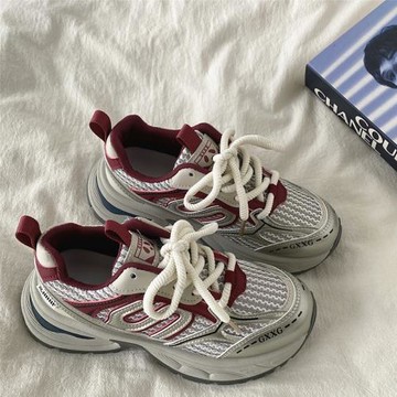 喜叔 復古銀色厚底運動鞋女2025秋季新款透氣網面休閑老爹鞋ins潮