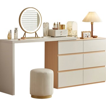 hoi!林氏木業簡約雙色抽屜櫃附鏡可伸縮化妝桌組 OV2C-原木+灰 (附妝凳 JF2H)