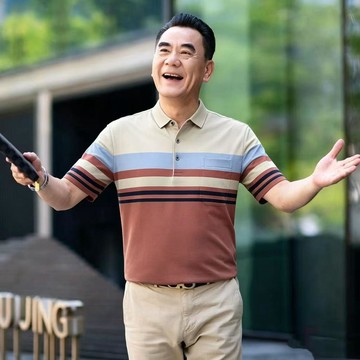男生條紋短袖上衣 寬版 透氣 夏季薄款爸爸裝男士短袖恤中老年條紋休閒寬鬆翻領上衣P半袖0618