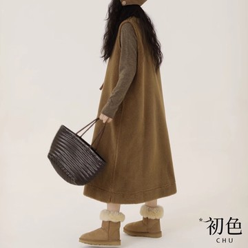 初色 日系毛呢顆粒感寬鬆保暖純色圓領無袖連身裙長裙連衣洋裝-黃綠色-38617(F可選)