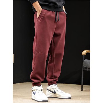 (免運)加絨運動褲男秋冬潮牌2025新款男士束腳衛褲酒紅褲子休閑哈倫大碼