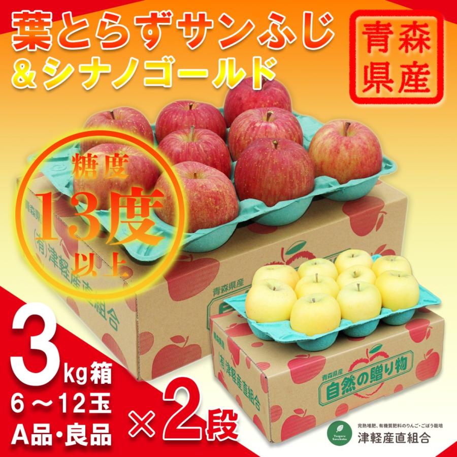 2品種まとめて！A品 シナノゴールド 3キロ箱 6〜12玉＆糖度13度以上 A品 葉とらずサンふじ 3キロ箱 6〜12玉 青森県産 津軽りんご 津軽産直組合