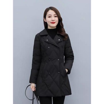 西裝領菱形格羽絨服女輕薄中款冬天大牌高端加肥加大修身襖子外套