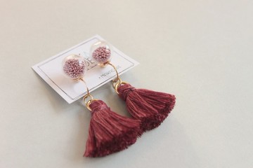 10mm透明玻璃球 珠子 混色(酒紅色) 流蘇 耳環/耳夾