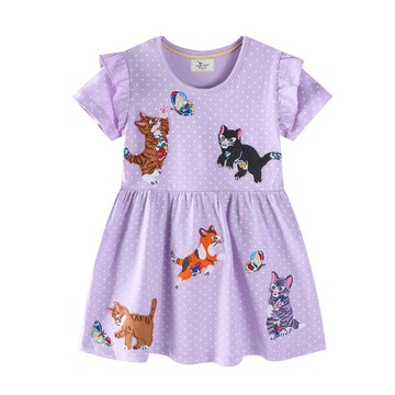 Jumping meters - 棉質圓領荷葉邊短袖洋裝-貓追蝴蝶-紫色點點