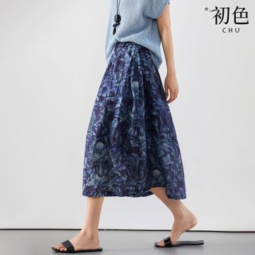 初色 文藝風復古花卉印花鬆緊腰寬鬆傘裙半身裙中長裙-藏藍色-14743(M-2XL可選)