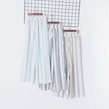 春季女裝條紋側邊紐扣開叉休閑褲松緊高腰流蘇系帶寬松闊腿褲