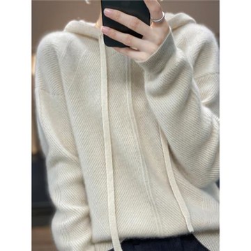 秋冬新款羊絨針織衫女連帽抽繩落肩純色毛衣套頭毛衣純羊毛衛衣