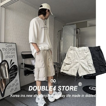 【DOUBLE4】 挺版 工作短褲 洗水 中線 立體釦帶口袋 挺版 膝下短褲 闊腿短褲 工裝短褲 8117