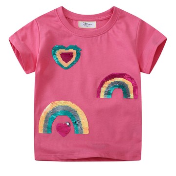 Jumping meters - 棉質圓領短袖上衣-亮片彩虹-桃粉