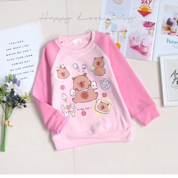 可愛繽紛卡皮巴拉吃甜點德絨保暖上衣 秋冬童裝 女童上衣 女童長袖 女童棉T 長袖上衣 秋冬上衣