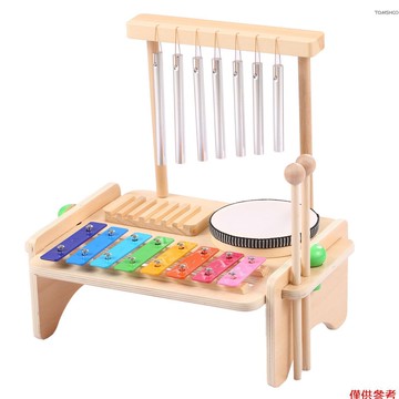 Winn 風鈴組合套裝兒童鼓組風鈴木琴鼓木 Guiro 刮刀 4 合 1 樂器套裝帶 2 個木槌天然木製音樂套件生日禮物