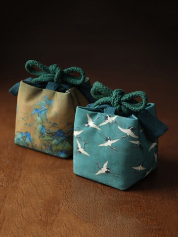 國風古畫茶具收納包旅行茶具瑞鶴圖千里江山圖夾棉防護布包收納袋