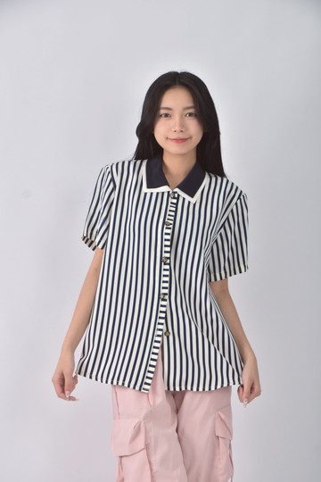 (L) wing ming質感跳色藍色短袖上衣