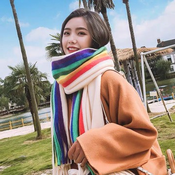 彩虹條紋針織圍巾女秋冬季百搭披肩兩用韓版學生可愛少女圍脖情侶