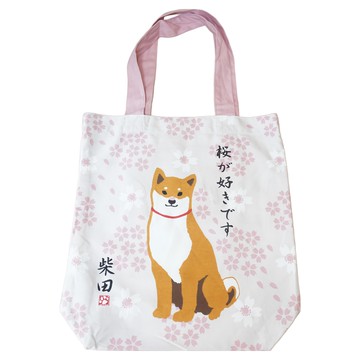 日本 friendshill 手提包/托特包-832169 可愛日系風 輕巧耐用  柴犬櫻花 粉色  39 x 38cm  1個