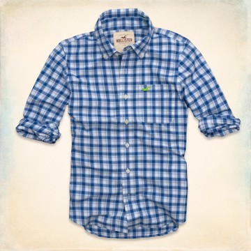 美國百分百【全新真品】Hollister Co. 襯衫 HCO 長袖 上衣 海鷗 淡藍 格紋 Logo 口袋 純棉 男 S號