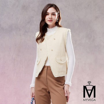 MYVEGA麥雪爾 MA小香風毛呢鬚邊背心外套-鵝黃