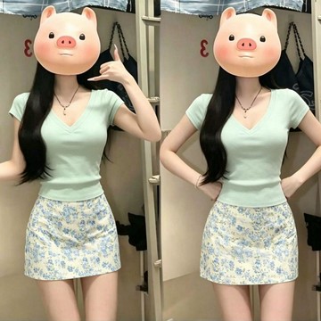 下單直接折抵💳新款夏季法式修身V領短袖短裙T恤套裝女氣質高腰碎花半身裙兩件套DKFE