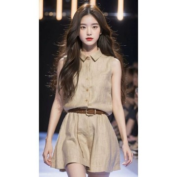 亞麻無袖上衣短褲 兩件套 女 夏季輕薄透氣休閒套裝 新款夏季法式氣質高冷御姐風卡其色無袖亞麻襯衫連衣裙子套裝0515