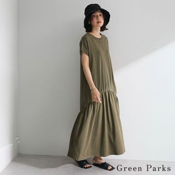 〚Green Parks〛褶皺拼接下擺法式袖洋裝