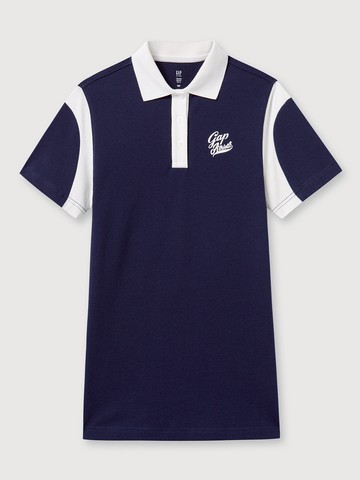 女童裝 Logo印花翻領短袖洋裝-海軍藍