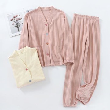 春秋季睡衣女士純棉長袖長褲V領開衫薄款收口全棉家居服套裝韓版