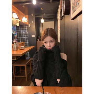 韓系純欲高領毛衣女秋冬新款設計感不規則慵懶風露肩氣質針織上衣
