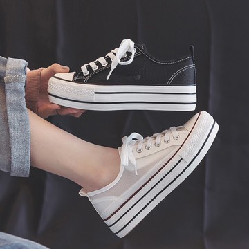 ins網面低幫帆布鞋女夏季新款透氣松糕板鞋圓頭增高厚底單鞋