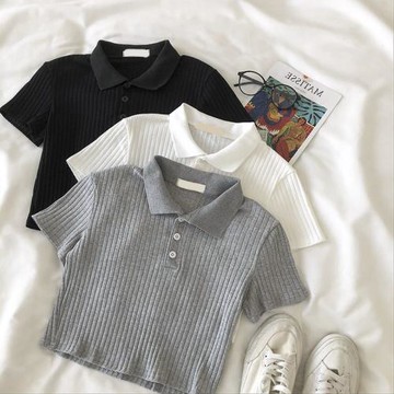 ins超火polo領短袖t恤女夏天高腰短款修身顯瘦半袖上衣坑條打底衫