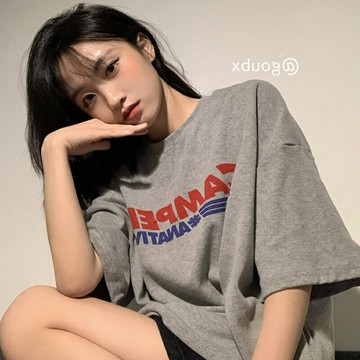 2022年春秋季新款韓版寬松中長款字母印花上衣女圓領百搭短袖T恤