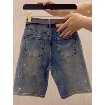 休閑牛仔短褲女2025新款春夏薄款闊腿中褲重工燙鉆高腰顯瘦五分褲