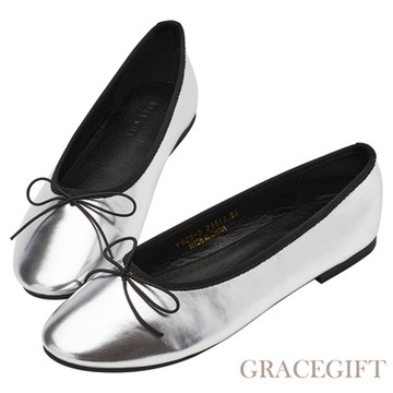 【Grace Gift】模範甜心蝴蝶結芭蕾舞平底娃娃鞋 銀