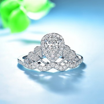 皇冠鑲嵌水滴形仿鉆戒純銀鍍18K白金梨形鉆戒仿鉆銀飾女