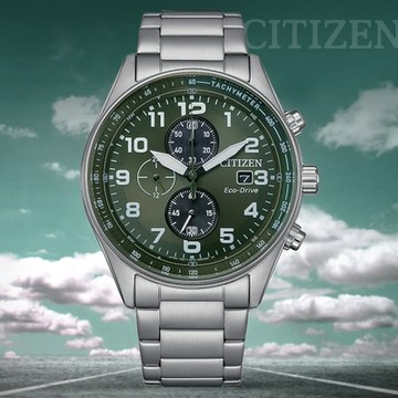 CITIZEN 星辰 Chronograph 光動能 計時 三眼不鏽鋼腕錶-綠43mm CA0770-72X 送禮 禮物 推薦
