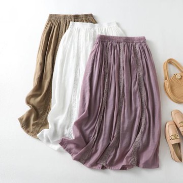 大碼女裝夏季甜美日系拼接鏤空花邊棉麻半身裙顯瘦氣質仙女長裙子