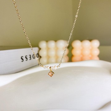 詠花 天然珍珠 白水晶 鋯石天然石可調節項鍊鎖骨鍊