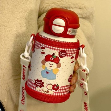 蘋果小狗保溫杯大容量女生高顏值水杯帶吸管新款學生雙飲杯子斜挎