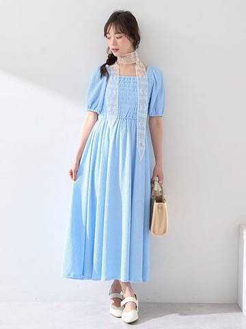 素面/碎花圖案後綁結高腰方領短袖洋裝(01000336400) - earth music&ecology