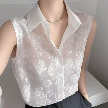法式溫柔風POLO領無袖背心襯衫女夏季新款百搭休閒氣質打底衫襯衣 短袖衣服 夏季襯衫 背心上衣 POLO背心