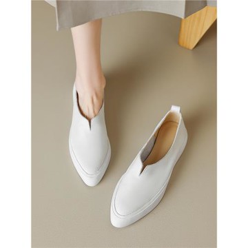 單鞋女春秋平底軟底尖頭一腳蹬樂福鞋超軟白色厚底真皮軟皮小白鞋