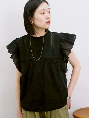 立體感荷葉邊袖蕾絲造型襯衫(0F000905910) - Samansa Mos2 blue