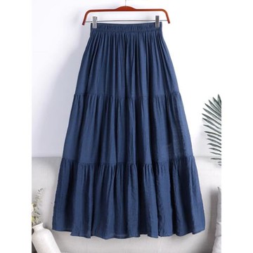 棉麻布料拼接半身長裙女2025春秋高腰顯瘦松緊腰垂感大擺裙子1561