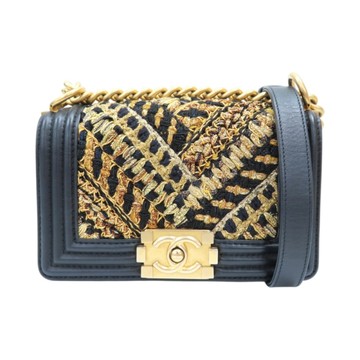CHANEL 香奈兒 黑/金色 羊皮 粗花 Boy 20 鏈帶 肩背包 A67085 【二手名牌BRAND OFF】