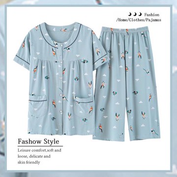 睡衣女夏季薄款純棉短袖七分褲夏天中年媽媽圓領開衫可外穿家居服